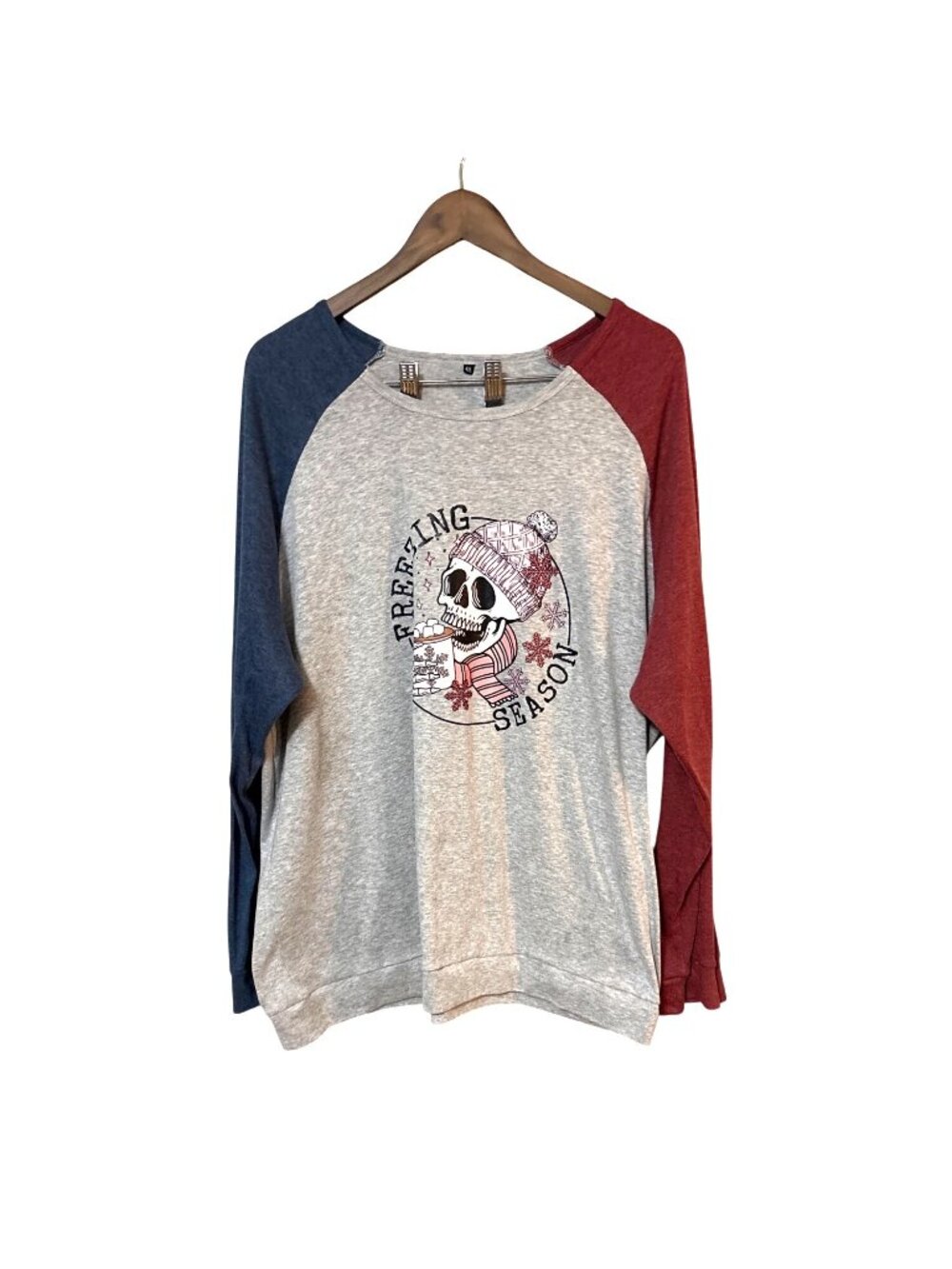 Freezing Season Graphic Long Sleeve Raglan Teeshirt 4XL Red/Blue/Grey Colorblock